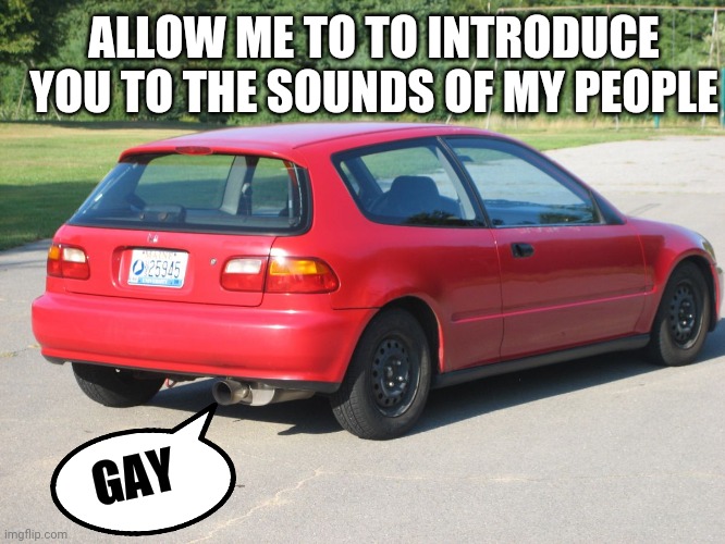 Honda civic | ALLOW ME TO TO INTRODUCE YOU TO THE SOUNDS OF MY PEOPLE GAY | image tagged in honda civic | made w/ Imgflip meme maker