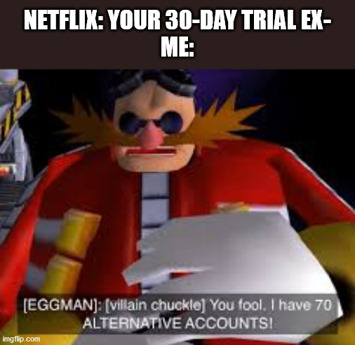 Eggman Alternative Accounts | NETFLIX: YOUR 30-DAY TRIAL EX-
ME: | image tagged in eggman alternative accounts | made w/ Imgflip meme maker