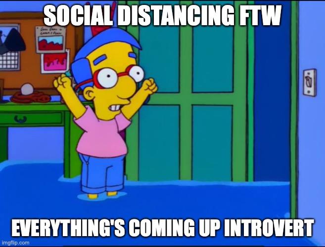 Everything's Coming Up Milhouse | SOCIAL DISTANCING FTW; EVERYTHING'S COMING UP INTROVERT | image tagged in everything's coming up milhouse,AdviceAnimals | made w/ Imgflip meme maker