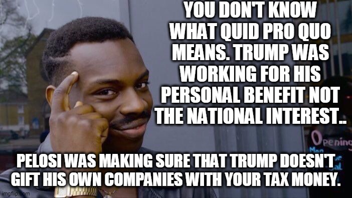 Roll Safe Think About It Meme | YOU DON'T KNOW WHAT QUID PRO QUO MEANS. TRUMP WAS WORKING FOR HIS PERSONAL BENEFIT NOT THE NATIONAL INTEREST.. PELOSI WAS MAKING SURE THAT T | image tagged in memes,roll safe think about it | made w/ Imgflip meme maker