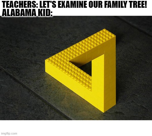Lego illusion | TEACHERS: LET'S EXAMINE OUR FAMILY TREE! ALABAMA KID: | image tagged in lego illusion | made w/ Imgflip meme maker
