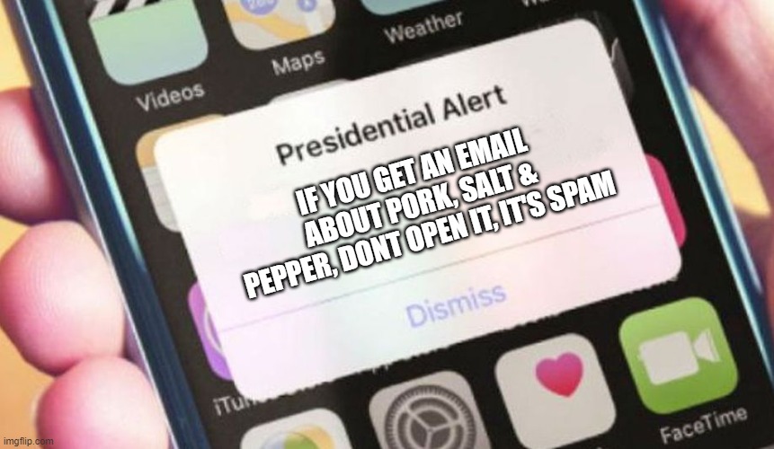 Presidential Alert Meme | IF YOU GET AN EMAIL ABOUT PORK, SALT & PEPPER, DONT OPEN IT, IT'S SPAM | image tagged in memes,presidential alert | made w/ Imgflip meme maker