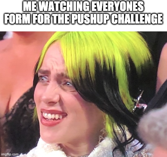 Billie Eilish Oscars | ME WATCHING EVERYONES FORM FOR THE PUSHUP CHALLENGE | image tagged in billie eilish oscars | made w/ Imgflip meme maker