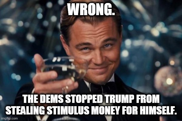 Leonardo Dicaprio Cheers Meme | WRONG. THE DEMS STOPPED TRUMP FROM STEALING STIMULUS MONEY FOR HIMSELF. | image tagged in memes,leonardo dicaprio cheers | made w/ Imgflip meme maker