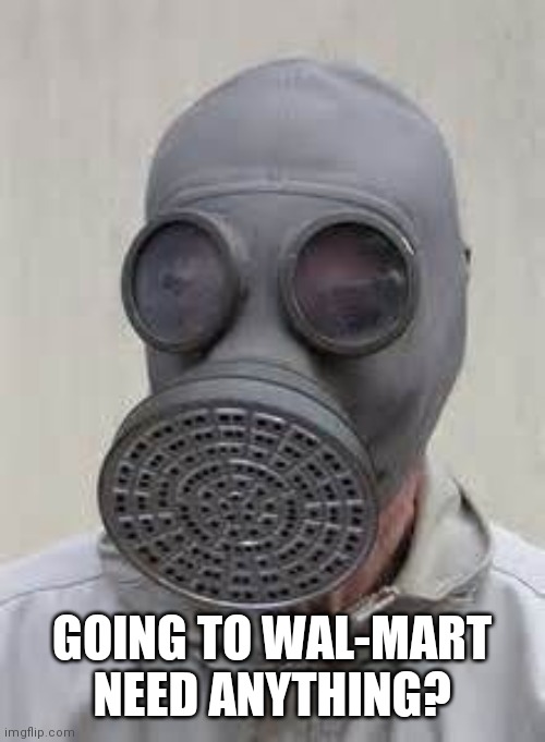 Gas mask | GOING TO WAL-MART NEED ANYTHING? | image tagged in gas mask | made w/ Imgflip meme maker