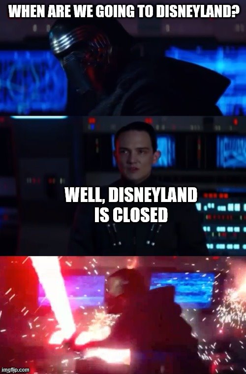 Kylo Rage | WHEN ARE WE GOING TO DISNEYLAND? WELL, DISNEYLAND IS CLOSED | image tagged in kylo rage | made w/ Imgflip meme maker