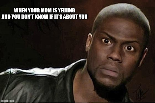 Kevin Hart | WHEN YOUR MOM IS YELLING AND YOU DON'T KNOW IF IT'S ABOUT YOU | image tagged in memes,kevin hart | made w/ Imgflip meme maker