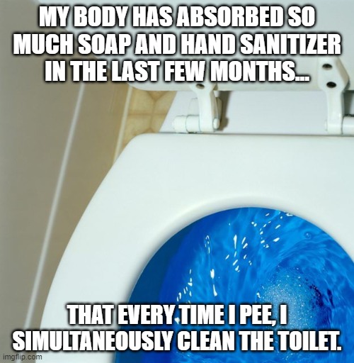 Sanitized for your protection | MY BODY HAS ABSORBED SO MUCH SOAP AND HAND SANITIZER IN THE LAST FEW MONTHS... THAT EVERY TIME I PEE, I SIMULTANEOUSLY CLEAN THE TOILET. | image tagged in soap,hand sanitizer,covid19,toilet | made w/ Imgflip meme maker