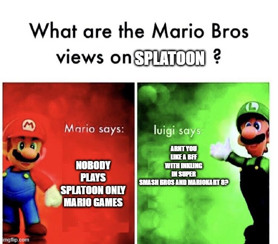 What are the mario bros views on:      ? | SPLATOON NOBODY PLAYS SPLATOON ONLY MARIO GAMES ARNT YOU LIKE A BFF WITH INKLING IN SUPER SMASH BROS AND MARIOKART 8? | image tagged in what are the mario bros views on | made w/ Imgflip meme maker