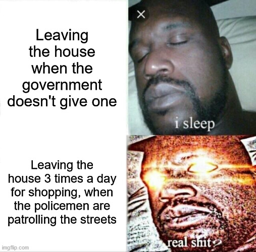 Sleeping Shaq Meme | Leaving the house when the government doesn't give one; Leaving the house 3 times a day for shopping, when the policemen are patrolling the streets | image tagged in memes,sleeping shaq | made w/ Imgflip meme maker