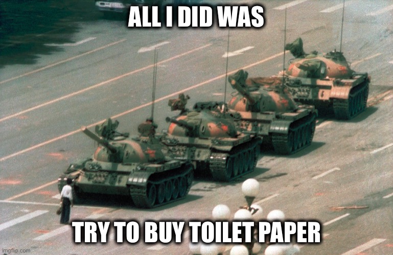 Tienanmen square tank guy | ALL I DID WAS; TRY TO BUY TOILET PAPER | image tagged in tienanmen square tank guy | made w/ Imgflip meme maker
