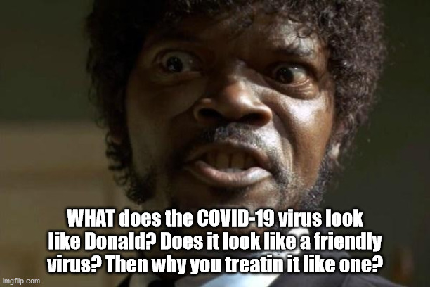 Pulp Fiction - Jules | WHAT does the COVID-19 virus look like Donald? Does it look like a friendly virus? Then why you treatin it like one? | image tagged in pulp fiction - jules | made w/ Imgflip meme maker