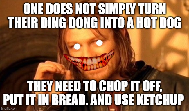 One Does Not Simply Meme | ONE DOES NOT SIMPLY TURN THEIR DING DONG INTO A HOT DOG; THEY NEED TO CHOP IT OFF, PUT IT IN BREAD. AND USE KETCHUP | image tagged in memes,one does not simply | made w/ Imgflip meme maker