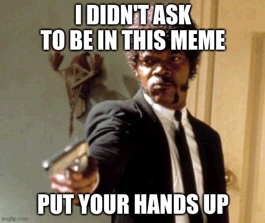 Say That Again I Dare You Meme | I DIDN'T ASK TO BE IN THIS MEME; PUT YOUR HANDS UP | image tagged in memes,say that again i dare you | made w/ Imgflip meme maker