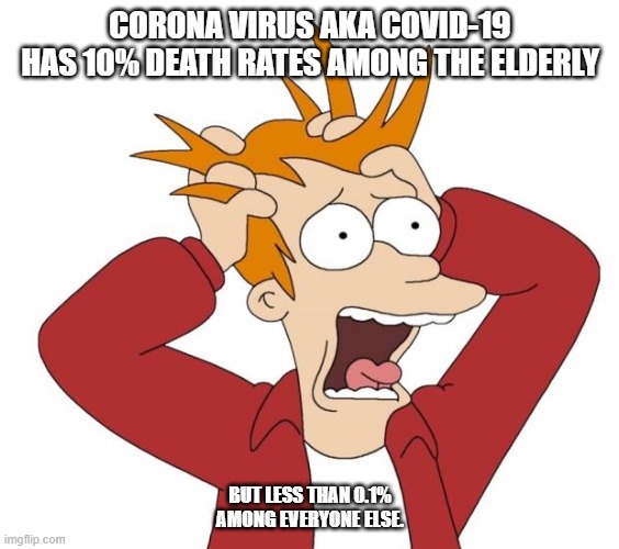 Panic | CORONA VIRUS AKA COVID-19 HAS 10% DEATH RATES AMONG THE ELDERLY; BUT LESS THAN 0.1% AMONG EVERYONE ELSE. | image tagged in panic | made w/ Imgflip meme maker