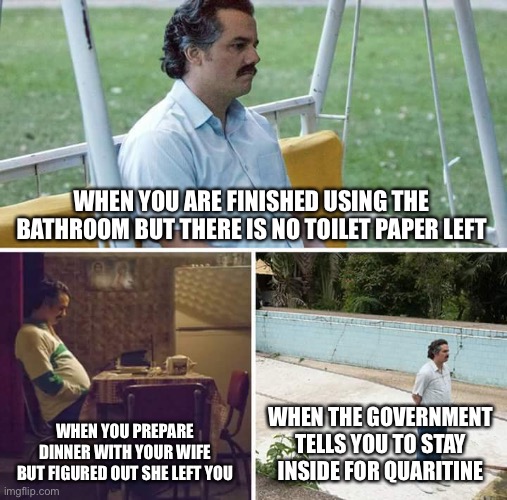 Sad Pablo Escobar | WHEN YOU ARE FINISHED USING THE BATHROOM BUT THERE IS NO TOILET PAPER LEFT; WHEN YOU PREPARE DINNER WITH YOUR WIFE BUT FIGURED OUT SHE LEFT YOU; WHEN THE GOVERNMENT TELLS YOU TO STAY INSIDE FOR QUARANTINE | image tagged in memes,sad pablo escobar | made w/ Imgflip meme maker