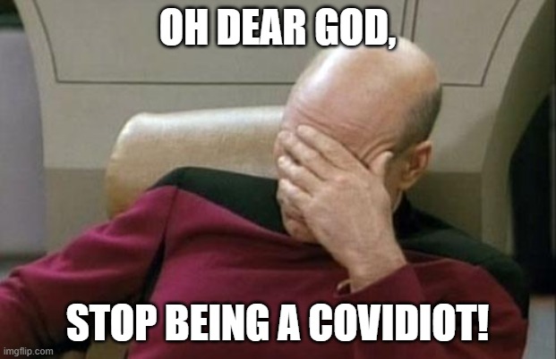 #covidiot | OH DEAR GOD, STOP BEING A COVIDIOT! | image tagged in memes,captain picard facepalm,covidiot,coronavirus,moron,covid-19 | made w/ Imgflip meme maker
