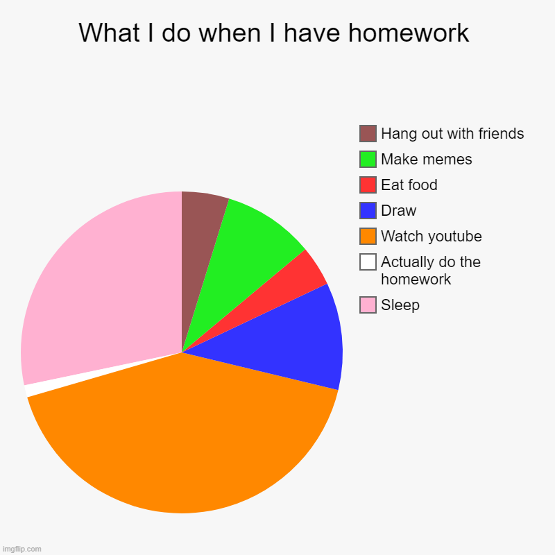 What I do when I have homework | Sleep, Actually do the homework, Watch youtube, Draw, Eat food, Make memes, Hang out with friends | image tagged in pie charts,homework,charts | made w/ Imgflip chart maker