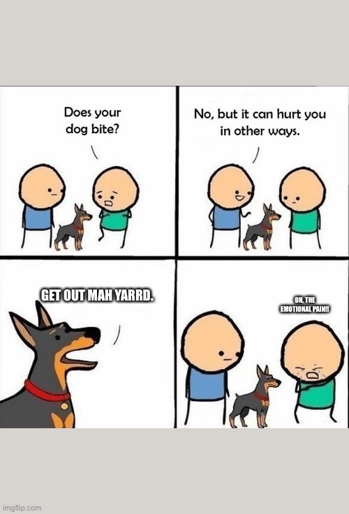 does your dog bite | GET OUT MAH YARRD. OH, THE EMOTIONAL PAIN!! | image tagged in does your dog bite | made w/ Imgflip meme maker