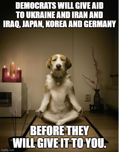 dog meditation funny | DEMOCRATS WILL GIVE AID TO UKRAINE AND IRAN AND IRAQ, JAPAN, KOREA AND GERMANY; BEFORE THEY WILL GIVE IT TO YOU. | image tagged in dog meditation funny | made w/ Imgflip meme maker