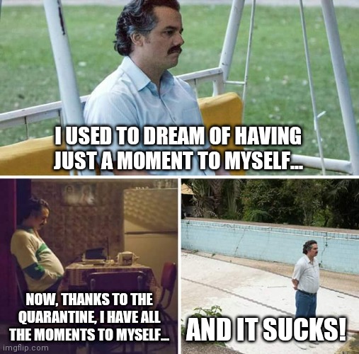 Sad Pablo Escobar | I USED TO DREAM OF HAVING JUST A MOMENT TO MYSELF... NOW, THANKS TO THE QUARANTINE, I HAVE ALL THE MOMENTS TO MYSELF... AND IT SUCKS! | image tagged in memes,sad pablo escobar | made w/ Imgflip meme maker