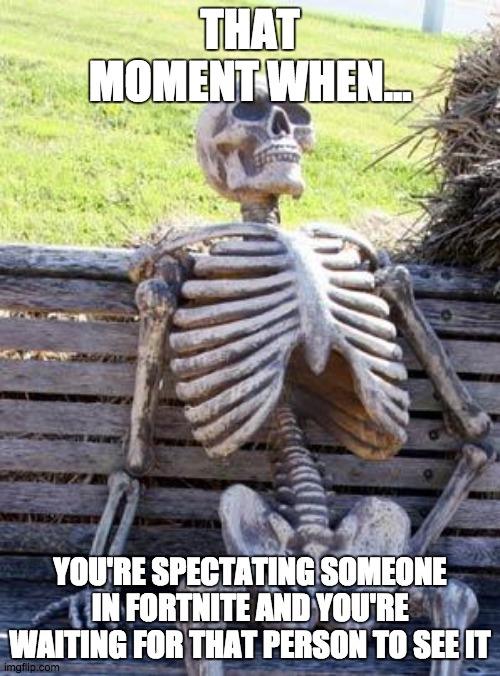 Waiting Skeleton Meme | THAT MOMENT WHEN... YOU'RE SPECTATING SOMEONE IN FORTNITE AND YOU'RE WAITING FOR THAT PERSON TO SEE IT | image tagged in memes,waiting skeleton | made w/ Imgflip meme maker