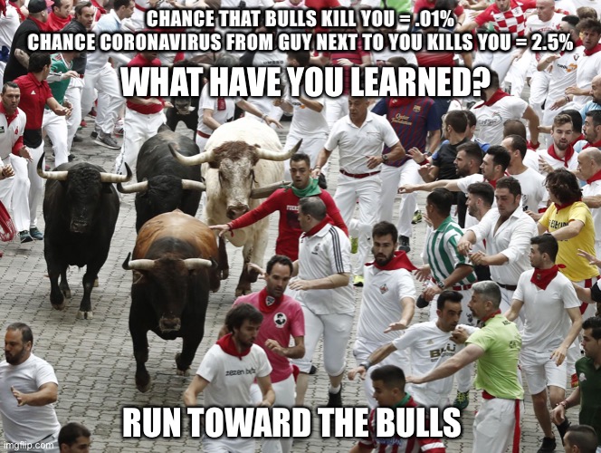 Dangerous activities | CHANCE THAT BULLS KILL YOU = .01%
CHANCE CORONAVIRUS FROM GUY NEXT TO YOU KILLS YOU = 2.5%; WHAT HAVE YOU LEARNED? RUN TOWARD THE BULLS | image tagged in dangerous activities | made w/ Imgflip meme maker