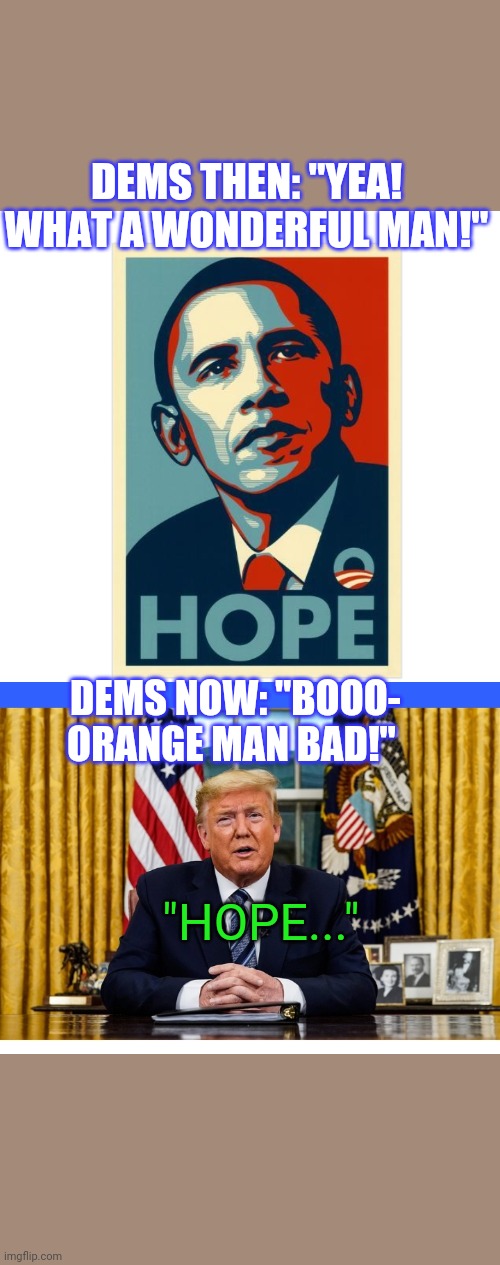 LOSER DEMOCRATS NOT SO BIG ON HOPE ANYMORE | DEMS THEN: "YEA! WHAT A WONDERFUL MAN!"; DEMS NOW: "BOOO- ORANGE MAN BAD!"; "HOPE..." | image tagged in politics,democratic party,losers | made w/ Imgflip meme maker