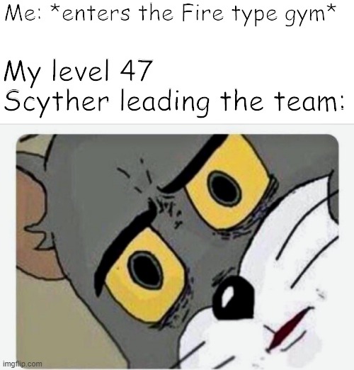 Disturbed Tom | Me: *enters the Fire type gym*; My level 47 Scyther leading the team: | image tagged in disturbed tom | made w/ Imgflip meme maker