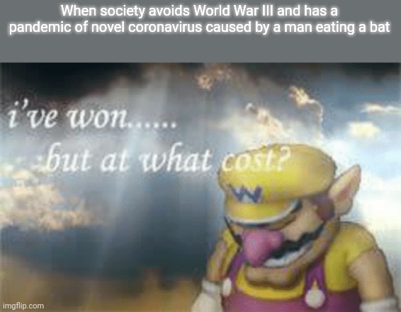 "Some millennials want to watch the world burn." | When society avoids World War III and has a pandemic of novel coronavirus caused by a man eating a bat | image tagged in i've won but at what cost,ww3,coronavirus,memes | made w/ Imgflip meme maker