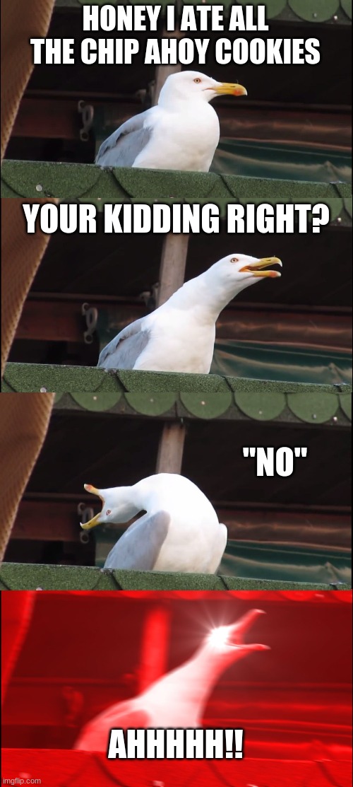 Inhaling Seagull Meme | HONEY I ATE ALL THE CHIP AHOY COOKIES; YOUR KIDDING RIGHT? "NO"; AHHHHH!! | image tagged in memes,inhaling seagull | made w/ Imgflip meme maker