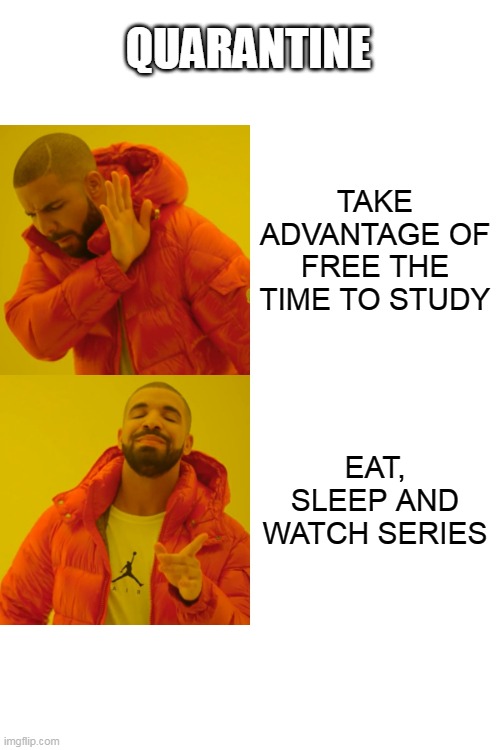 Drake Hotline Bling | QUARANTINE; TAKE ADVANTAGE OF FREE THE TIME TO STUDY; EAT, SLEEP AND WATCH SERIES | image tagged in memes,drake hotline bling | made w/ Imgflip meme maker