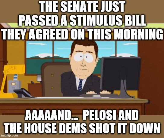 Unbelievable. I hope the Dems get burned in the 2020 elections. | THE SENATE JUST PASSED A STIMULUS BILL THEY AGREED ON THIS MORNING; AAAAAND...  PELOSI AND THE HOUSE DEMS SHOT IT DOWN | image tagged in memes,aaaaand its gone,congress,stupidity,political meme | made w/ Imgflip meme maker