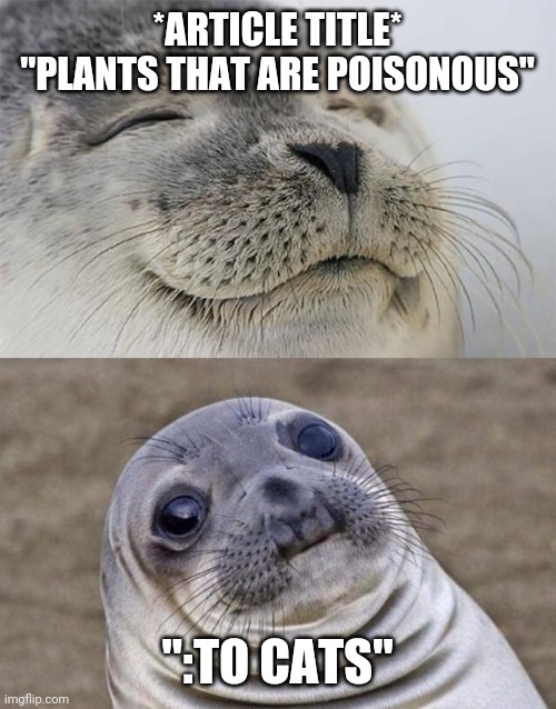 Short Satisfaction VS Truth Meme | *ARTICLE TITLE*

"PLANTS THAT ARE POISONOUS"; ":TO CATS" | image tagged in memes,short satisfaction vs truth | made w/ Imgflip meme maker