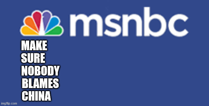 M.S.N.B.C. | MAKE      
SURE       
NOBODY
BLAMES
CHINA | image tagged in china,wuhan,covid-19,nancy pelosi,trump,donald trump | made w/ Imgflip meme maker