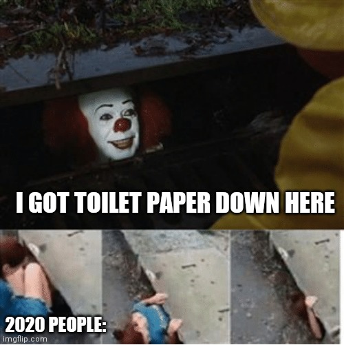 Yet another coronavirus related meme. | I GOT TOILET PAPER DOWN HERE; 2020 PEOPLE: | image tagged in pennywise in sewer,toilet paper,coronavirus,covid-19 | made w/ Imgflip meme maker