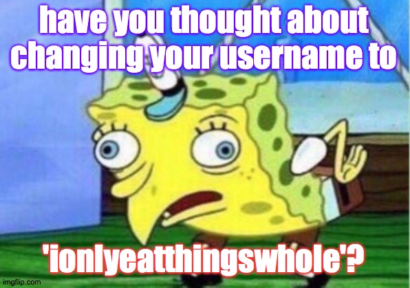Mocking Spongebob Meme | have you thought about changing your username to 'ionlyeatthingswhole'? | image tagged in memes,mocking spongebob | made w/ Imgflip meme maker