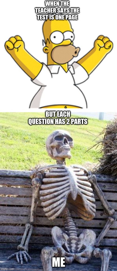 WHEN THE TEACHER SAYS THE TEST IS ONE PAGE; BUT EACH QUESTION HAS 2 PARTS; ME | image tagged in memes,waiting skeleton | made w/ Imgflip meme maker