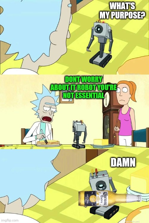 What's My Purpose - Butter Robot | WHAT'S MY PURPOSE? DONT WORRY ABOUT IT ROBOT YOU'RE  NOT ESSENTIAL; DAMN | image tagged in what's my purpose - butter robot | made w/ Imgflip meme maker