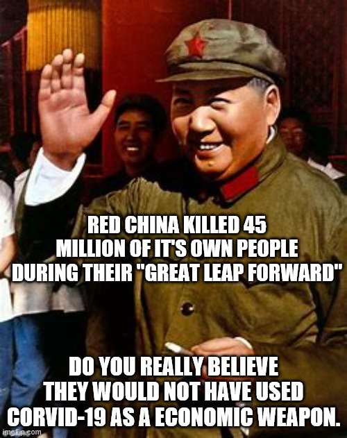 yep | RED CHINA KILLED 45 MILLION OF IT'S OWN PEOPLE DURING THEIR "GREAT LEAP FORWARD"; DO YOU REALLY BELIEVE THEY WOULD NOT HAVE USED CORVID-19 AS A ECONOMIC WEAPON. | image tagged in china,coronavirus | made w/ Imgflip meme maker