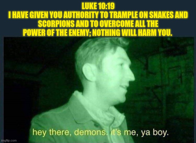 Luke 10:19 | LUKE 10:19
I HAVE GIVEN YOU AUTHORITY TO TRAMPLE ON SNAKES AND SCORPIONS AND TO OVERCOME ALL THE POWER OF THE ENEMY; NOTHING WILL HARM YOU. | image tagged in hey there  demons it's me  ya boy,luke 1019 | made w/ Imgflip meme maker
