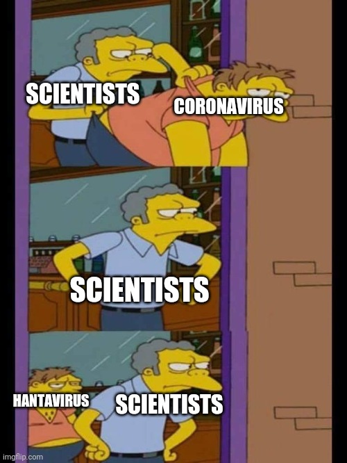 Coronavirus | CORONAVIRUS; SCIENTISTS; SCIENTISTS; HANTAVIRUS; SCIENTISTS | image tagged in moe and barney,coronavirus,memes,hantavirus | made w/ Imgflip meme maker