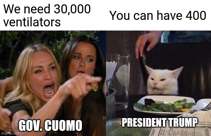 Woman Yelling At Cat | We need 30,000 ventilators; You can have 400; PRESIDENT TRUMP; GOV. CUOMO | image tagged in memes,woman yelling at cat | made w/ Imgflip meme maker