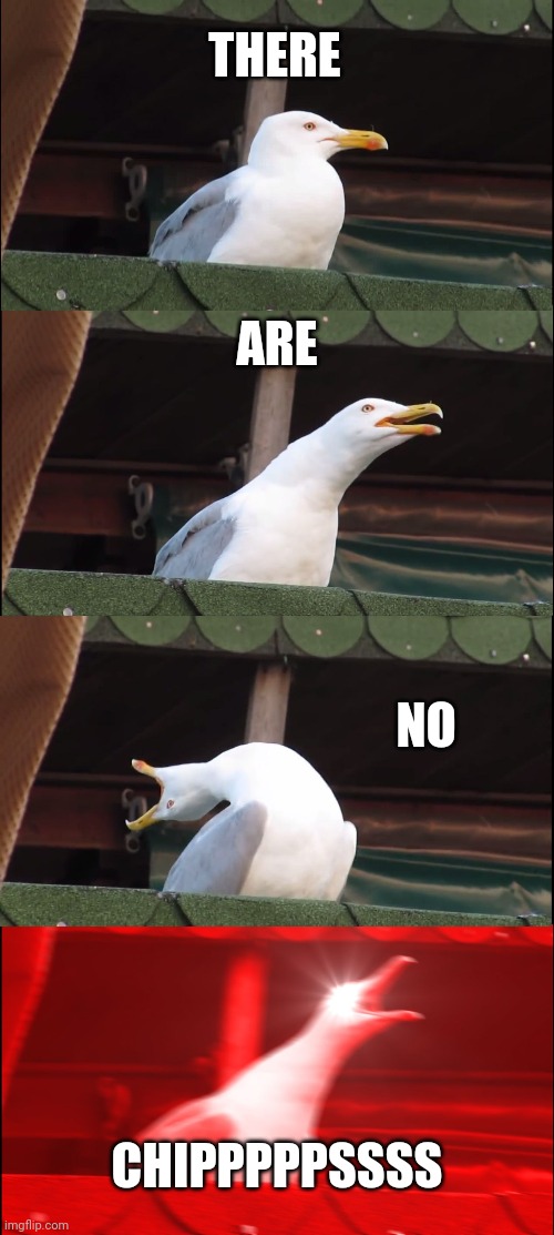 Inhaling Seagull | THERE; ARE; NO; CHIPPPPPSSSS | image tagged in memes,inhaling seagull | made w/ Imgflip meme maker