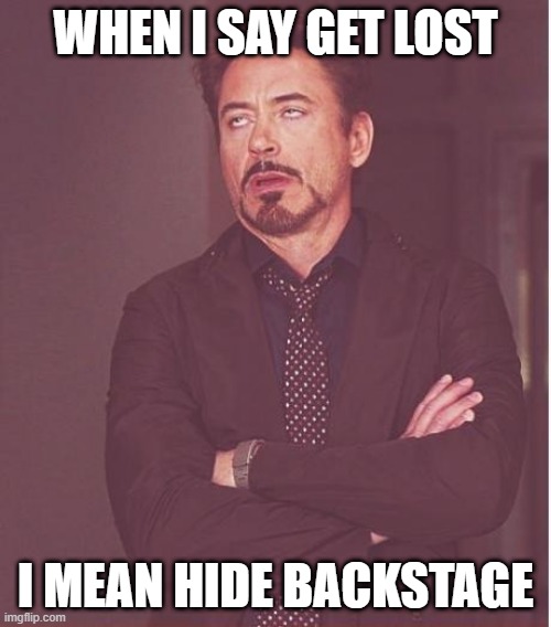 Face You Make Robert Downey Jr | WHEN I SAY GET LOST; I MEAN HIDE BACKSTAGE | image tagged in memes,face you make robert downey jr | made w/ Imgflip meme maker