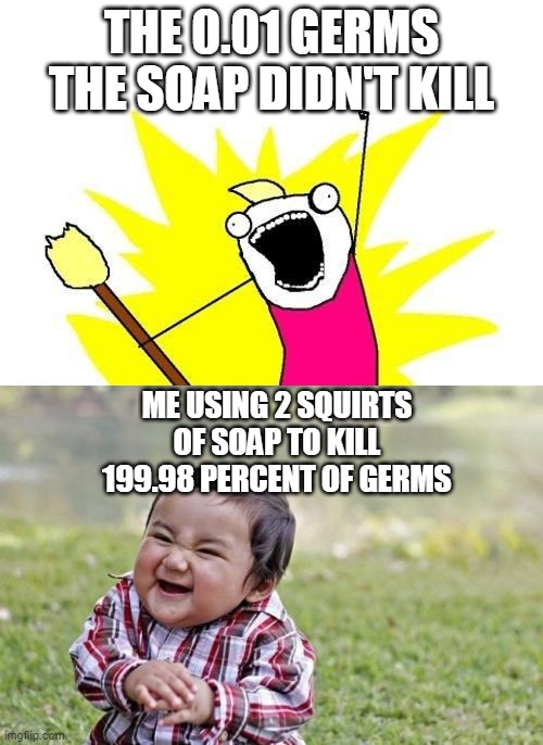 THE 0.01 GERMS THE SOAP DIDN'T KILL; ME USING 2 SQUIRTS OF SOAP TO KILL 199.98 PERCENT OF GERMS | image tagged in memes,x all the y,evil toddler | made w/ Imgflip meme maker