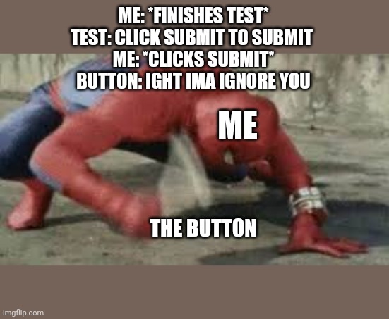 Spiderman hitting button | ME: *FINISHES TEST*
TEST: CLICK SUBMIT TO SUBMIT 
ME: *CLICKS SUBMIT*
BUTTON: IGHT IMA IGNORE YOU; ME; THE BUTTON | image tagged in spiderman hitting button | made w/ Imgflip meme maker