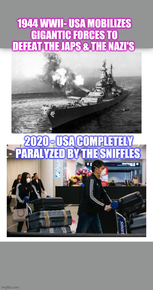 Here's where almost 80 years of Liberalism has brought us...had enough yet? | 1944 WWII- USA MOBILIZES GIGANTIC FORCES TO DEFEAT THE JAPS & THE NAZI'S; 2020 - USA COMPLETELY PARALYZED BY THE SNIFFLES | image tagged in liberal logic,task failed successfully,libtards,sucks,bad idea,first world problems | made w/ Imgflip meme maker
