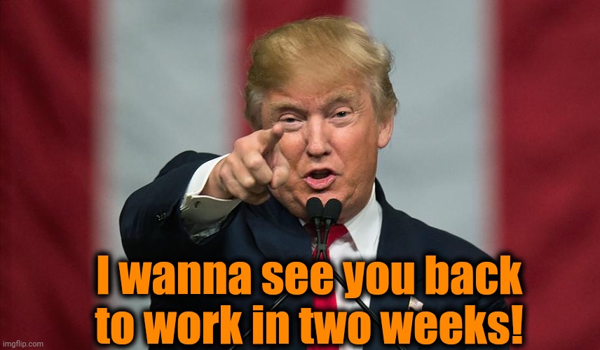 No later than April 17th!! | I wanna see you back to work in two weeks! | image tagged in donald trump birthday | made w/ Imgflip meme maker