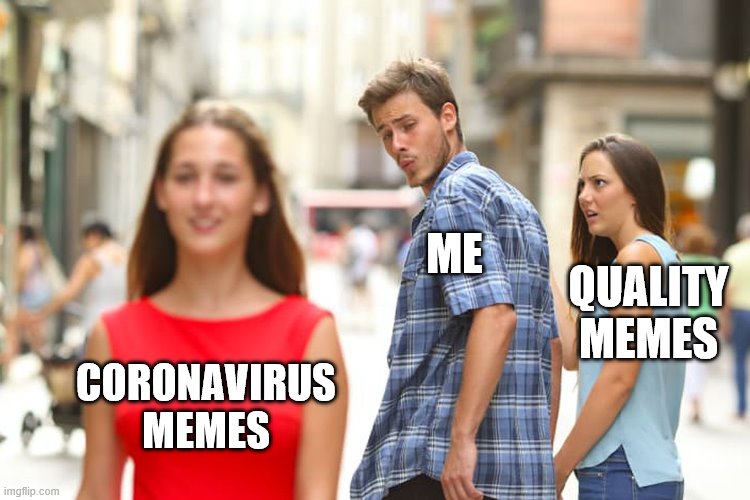 Distracted Boyfriend | ME; QUALITY MEMES; CORONAVIRUS MEMES | image tagged in memes,distracted boyfriend | made w/ Imgflip meme maker